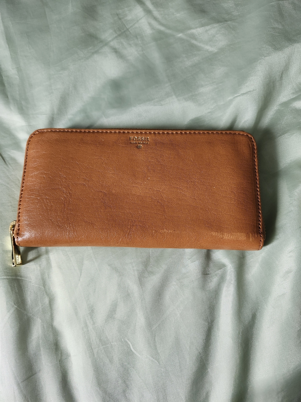 Fossil Zip-Around Leather Wallet in Cognac